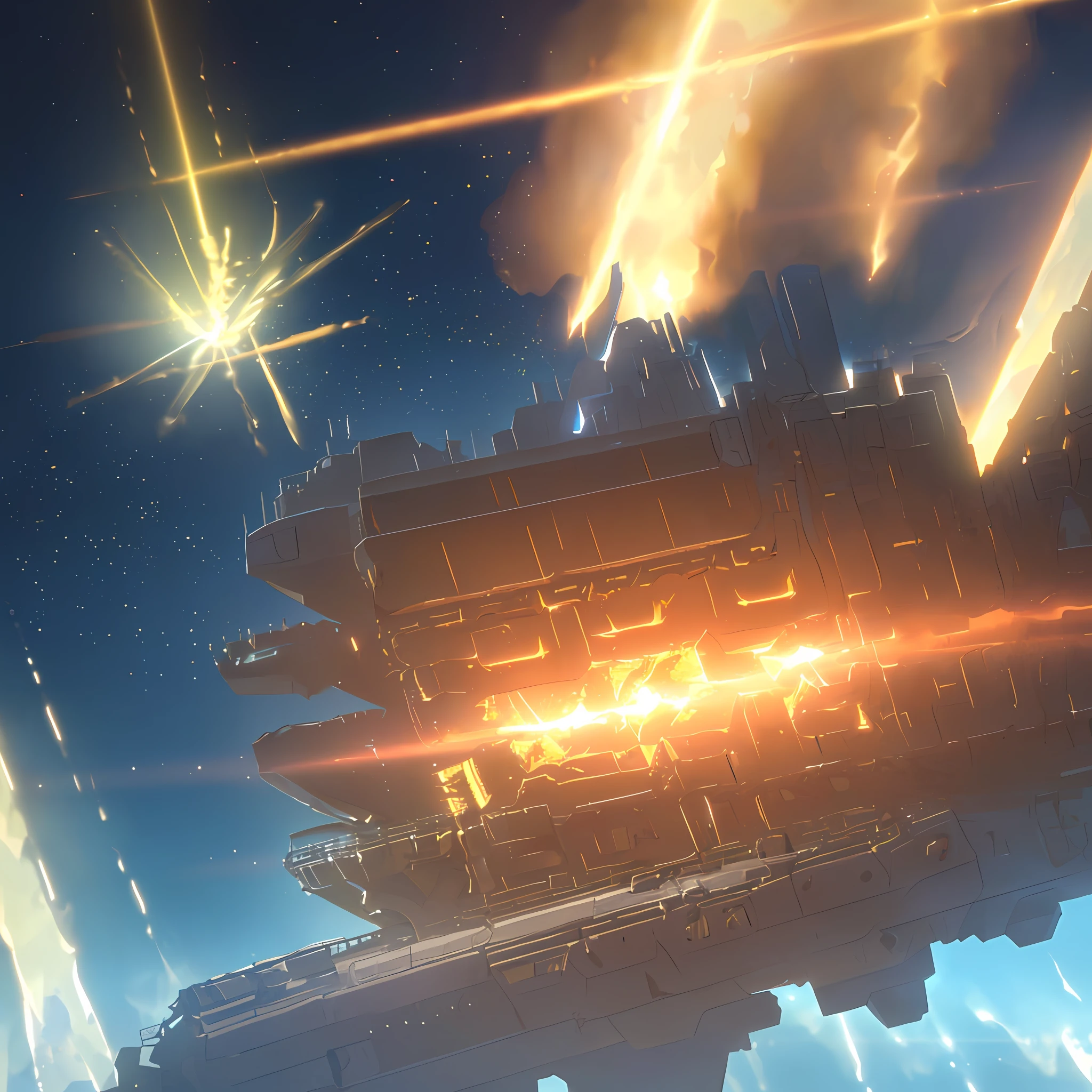 A giant spaceship in full view, being hit by a yellow laser beam, blows up a large part of it prominently in the wreckage. (Master quality, maximum quality, ultra-detailed detail, 8k texture, improved lighting, better shadow, dynamic effect, wide color gamut, stylized effect, high particle density) More realistic ship with white details