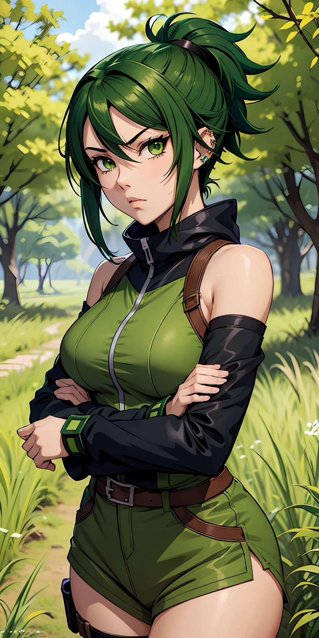 A fierce and independent ranger (anime waifu) with short green hair and piercing green eyes, who lives a life of adventure in the wild