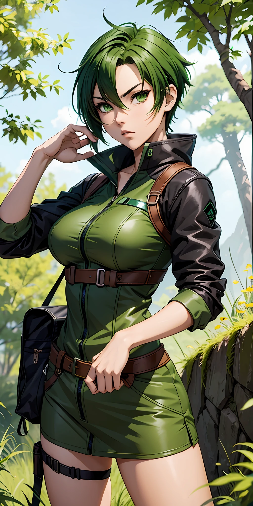 A fierce and independent ranger (anime waifu) with short green hair and piercing green eyes, who lives a life of adventure in the wild