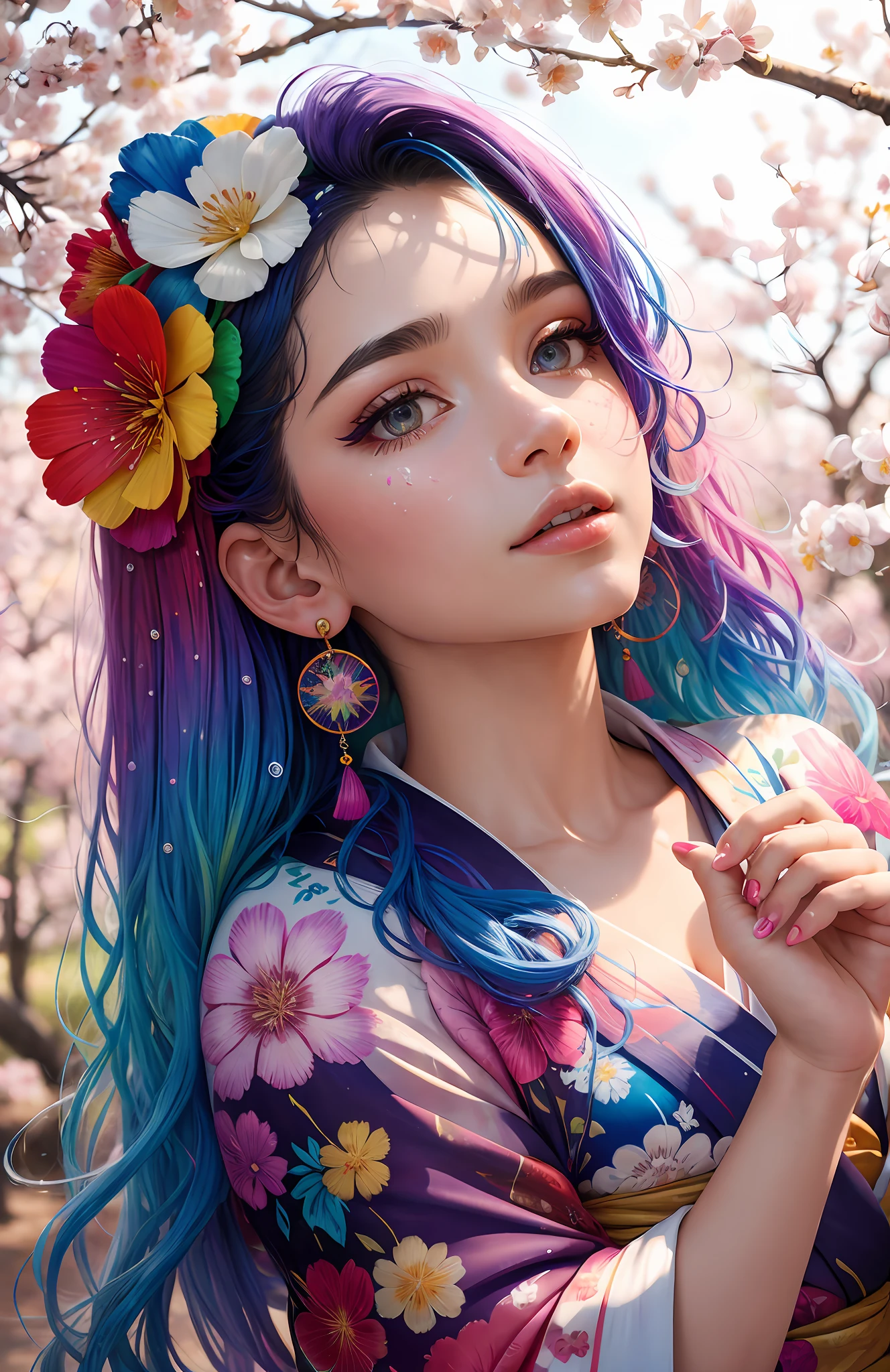 shukezouma, octane render, hdr, (hyperdetailed:1.15), (soft light, sharp:1.2), 1girl, beautiful girl, ultra detailed eyes, mature, plump, thick, rainbow painting drops, paint teardrops, woman made up from paint, entirely paint, splat, splash, long colored hair, kimono made from paint, ultra detailed texture kimono, rainbow paint kimono, paint bulb, paint drops, (hair ornaments, earrings, flowers hair ornaments, butterflies hair ornaments), outdoors, sakura trees