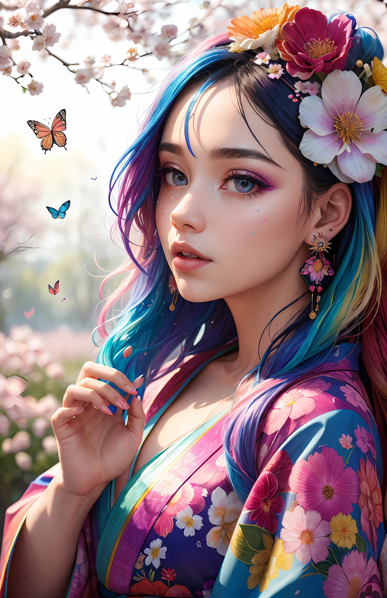 shukezouma, octane render, hdr, (hyperdetailed:1.15), (soft light, sharp:1.2), 1girl, beautiful girl, ultra detailed eyes, mature, plump, thick, rainbow painting drops, paint teardrops, woman made up from paint, entirely paint, splat, splash, long colored hair, kimono made from paint, ultra detailed texture kimono, rainbow paint kimono, paint bulb, paint drops, (hair ornaments, earrings, flowers hair ornaments, butterflies hair ornaments), outdoors, sakura trees