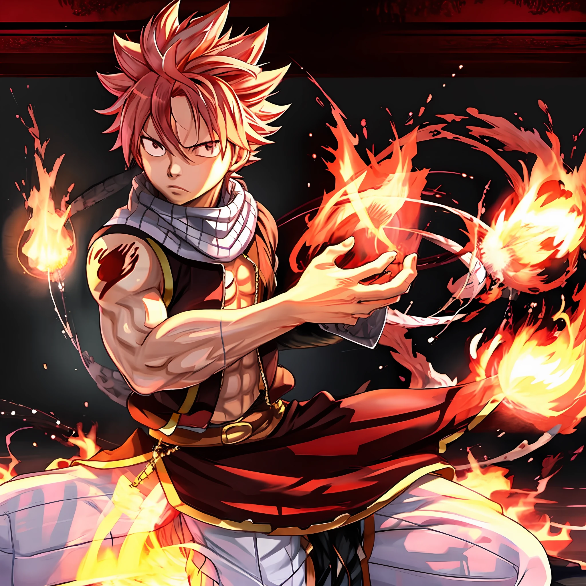 (Masterpiece,best quality:1.2),1boy,solo,natsu dragneel, surrounded by flames, character art,8k,64k, HD, unparalleled masterpiece, dynamic lighting, cinematic, epic, highest quality digital art, Stunning art, wallpaper 4k