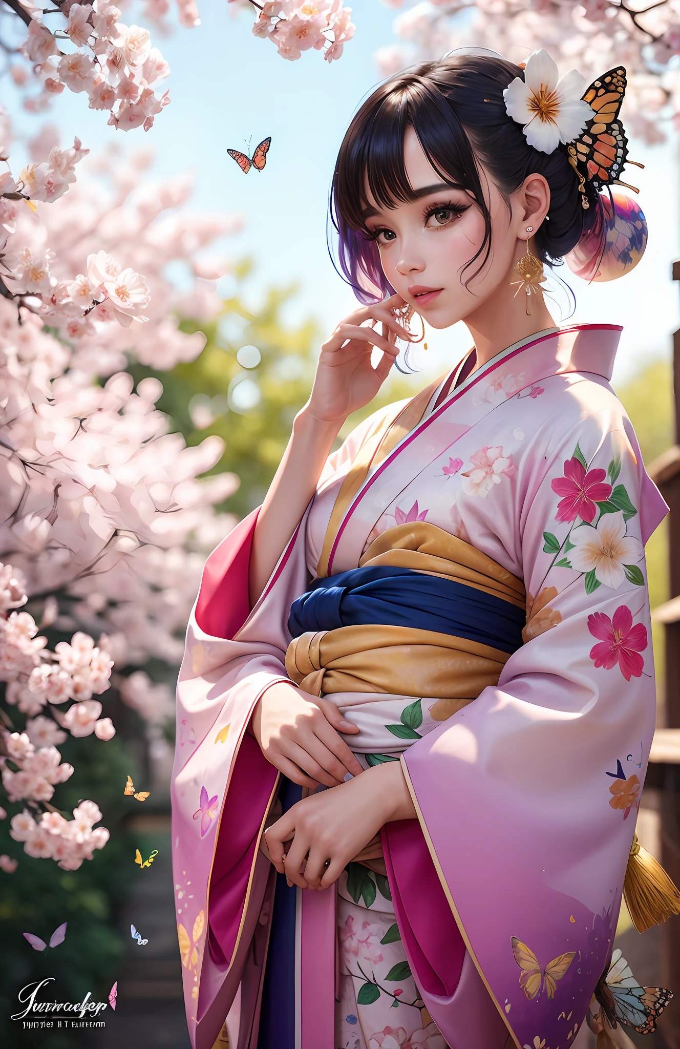 shukezouma, octane render, hdr, (hyperdetailed:1.15), (soft light, sharp:1.2), 1girl, beautiful girl, ultra detailed eyes, mature, plump, thick, painting drops, paint teardrops, woman made up from paint, entirely paint, splat, splash, long colored hair, kimono made from paint, ultra detailed texture kimono, paint kimono, paint bulb, paint drops, (hair ornaments, earrings, flowers hair ornaments, butterflies hair ornaments), outdoors, sakura trees