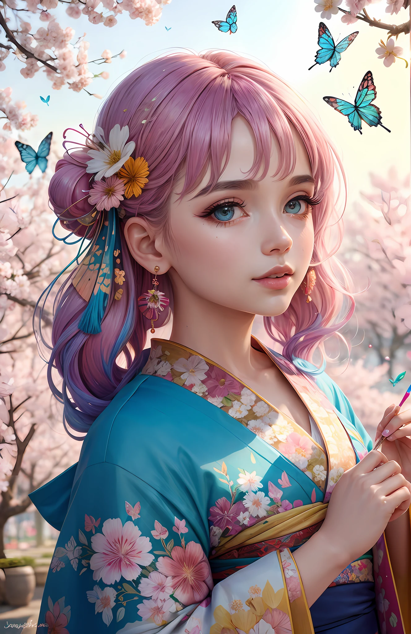 shukezouma, octane render, hdr, (hyperdetailed:1.15), (soft light, sharp:1.2), 1girl, beautiful girl, ultra detailed eyes, mature, plump, thick, painting drops, paint teardrops, woman made up from paint, entirely paint, splat, splash, long colored hair, kimono made from paint, ultra detailed texture kimono, paint kimono, paint bulb, paint drops, (hair ornaments, earrings, flowers hair ornaments, butterflies hair ornaments), outdoors, sakura trees