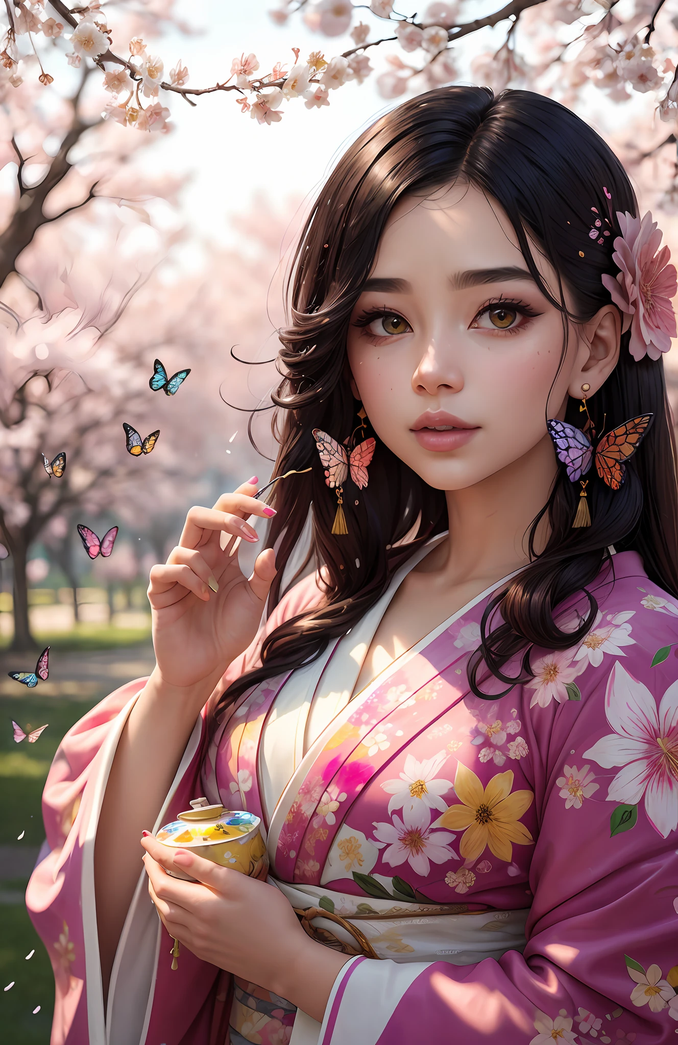 shukezouma, octane render, hdr, (hyperdetailed:1.15), (soft light, sharp:1.2), 1girl, beautiful girl, ultra detailed eyes, mature, plump, thick, painting drops, paint teardrops, woman made up from paint, entirely paint, splat, splash, long colored hair, kimono made from paint, ultra detailed texture kimono, paint kimono, paint bulb, paint drops, (hair ornaments, earrings, flowers hair ornaments, butterflies hair ornaments), outdoors, sakura trees