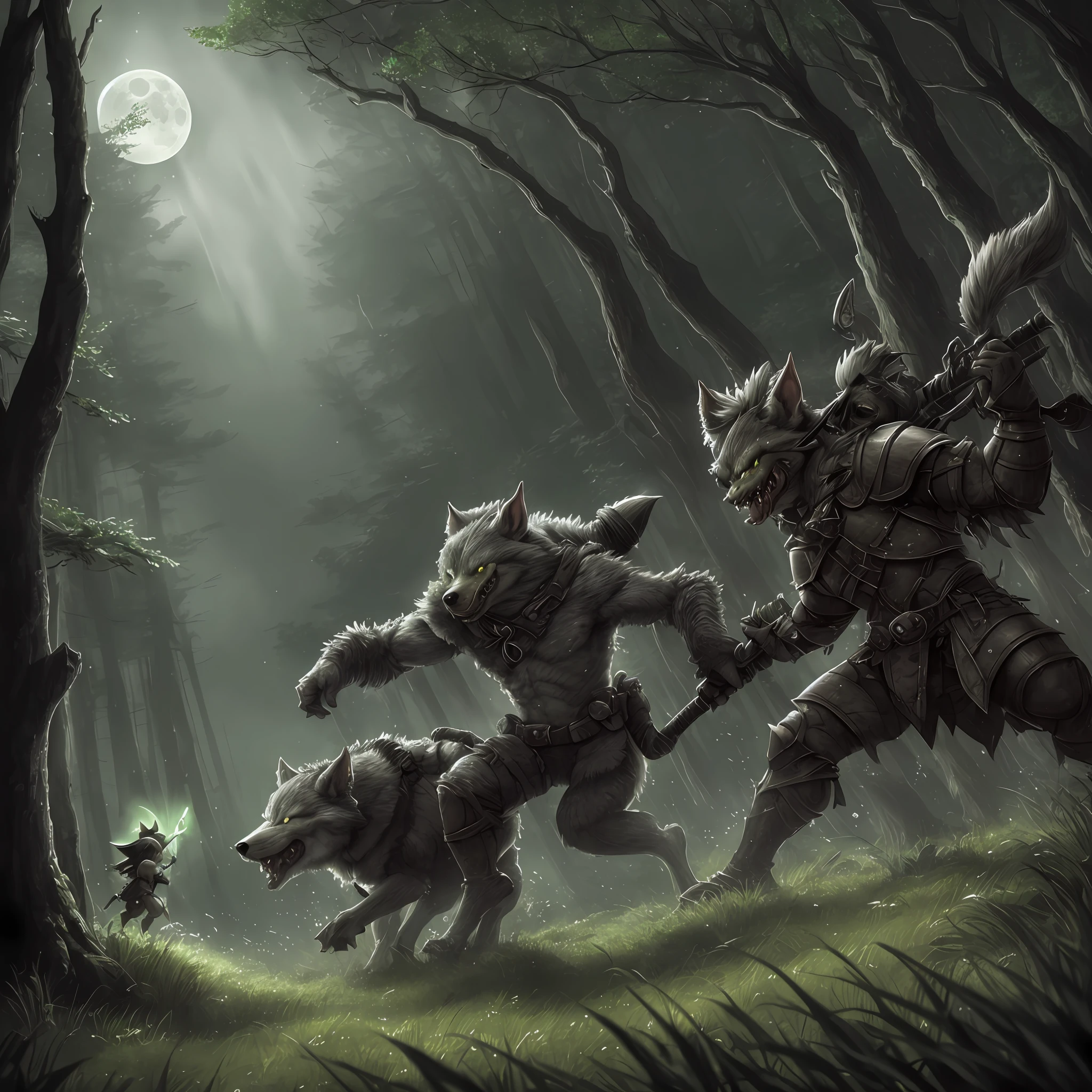 &quot;Extremely strong goblin fighting a dire, gray wolf in a gloomy forest setting, with moonbeams illuminating the scene and tall grass swaying in the wind.&quot;