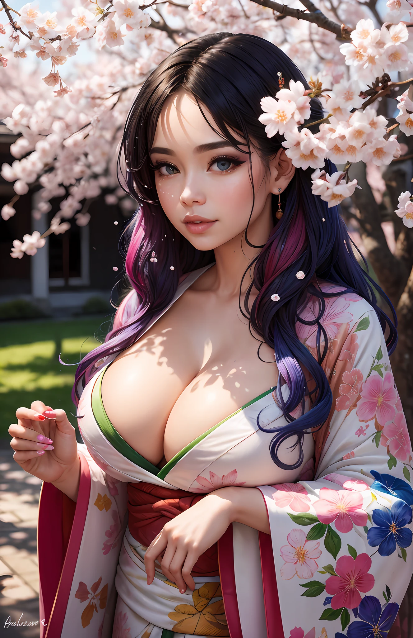 shukezouma, octane render, hdr, (hyperdetailed:1.15), (soft light, sharp:1.2), 1girl, beautiful girl, ultra detailed eyes, mature, plump, thick, painting drops, paint teardrops, woman made up from paint, entirely paint, splat, splash, long colored hair, kimono made from paint, ultra detailed texture kimono, paint kimono, paint bulb, cleavage, paint drops, outdoors, sakura trees