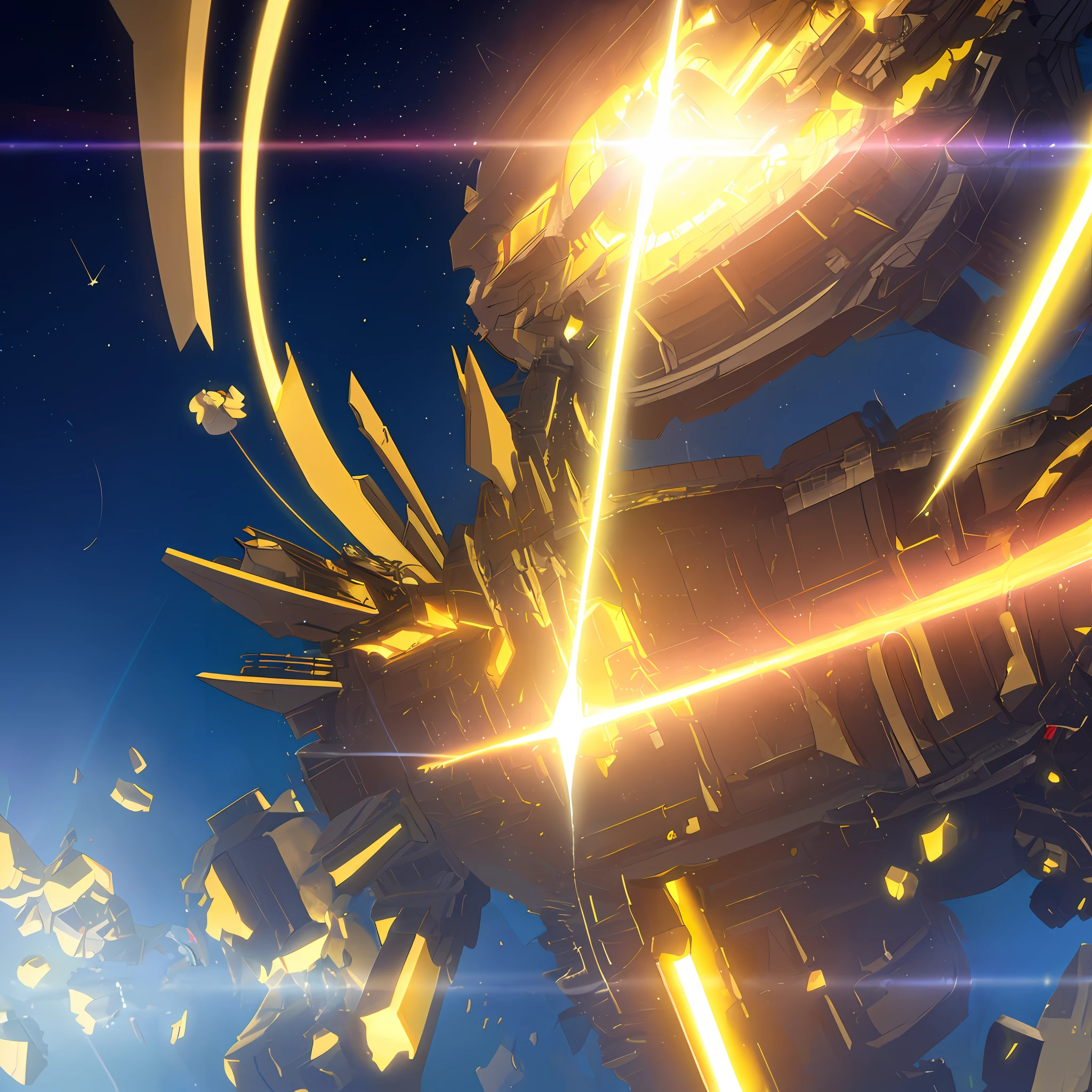 A giant spaceship in full view, being hit by a yellow laser beam, blows up a large part of it prominently in the wreckage. (Master Quality, Maximum Quality, Ultra-Detailed Detail, 8K Texture, Improved Lighting, Better Shadow, Dynamic Effect, Wide Color Gamut, Stylized Effect, High Particle Density) More realistic ship with white details, One ray even bigger and brighter with the yellow color hits her again