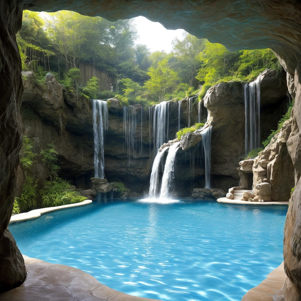 (14-year old teen boy king swimming:1.2), indoor Olympic size swimming pool with extensions with grotto and waterfalls :0.9, royal cave theme:1.1.