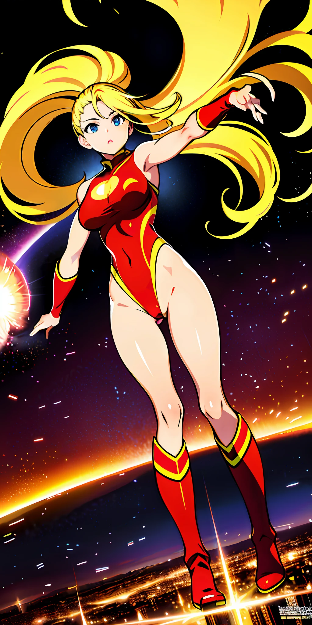 masterpiece, best quality, upper body, 1girl, superhero, leotard, bare legs, boots, matching boots, medium breasts, light particles, aura, stand, standing, highleg, twirl, spin, tornado, tornado twirl, tornado spin, whirlwind, wind particles, blonde hair, long hair, city backdrop, time travel,
