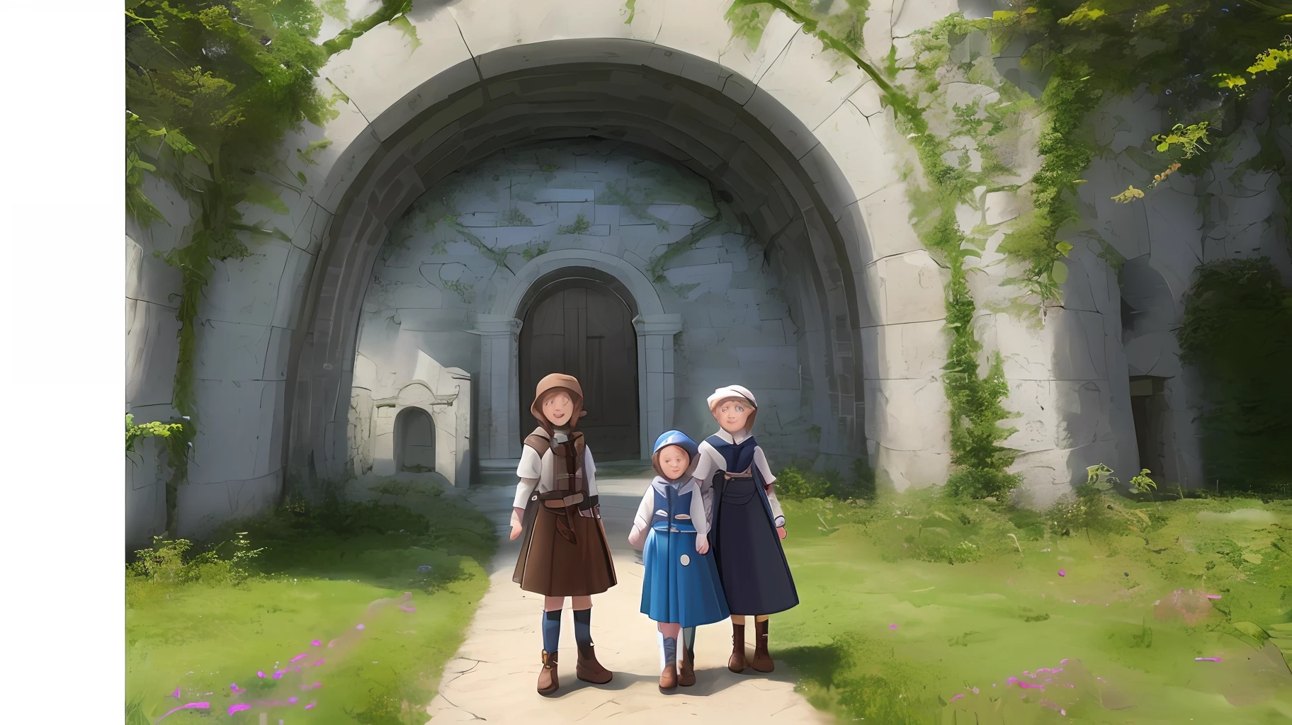 Three well-equipped adventuring siblings in front of a portal, Gabriel, Eloisa and Esther (realism)