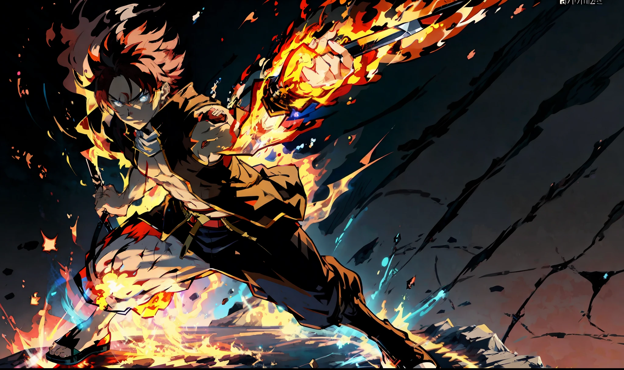 anime character with fire in his hand and a sword in his hand, fire!! full body, badass anime 8 k, 4 k manga wallpaper, fire powers, anime wallpaper 4 k, anime wallpaper 4k, (fire), 4k anime wallpaper, anime wallaper, best anime character design, hd anime wallpaper, high quality anime artstyle, hd anime wallaper