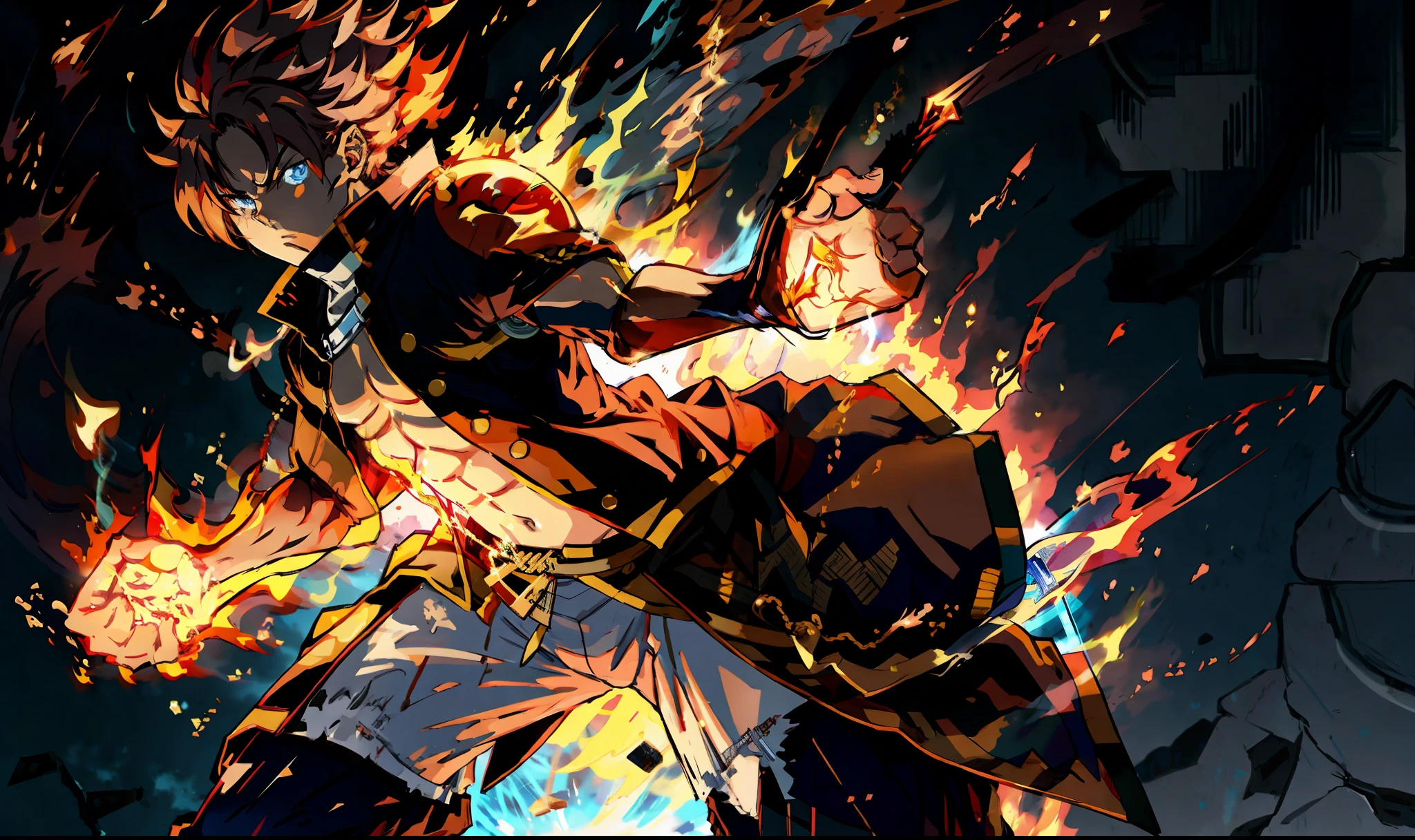 anime character with fire in his hand and a sword in his hand, fire!! full body, badass anime 8 k, 4 k manga wallpaper, fire powers, anime wallpaper 4 k, anime wallpaper 4k, (fire), 4k anime wallpaper, anime wallaper, best anime character design, hd anime wallpaper, high quality anime artstyle, hd anime wallaper