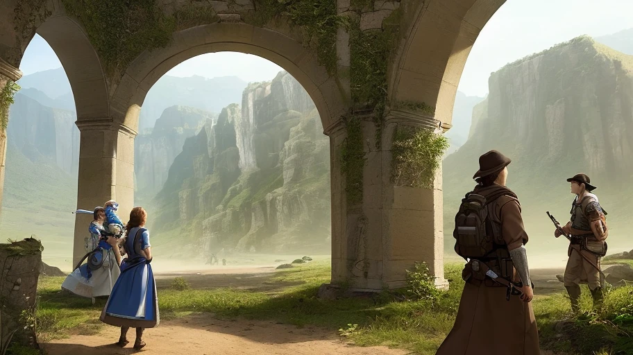 Three brothers, a man and two women, well-equipped adventurers in front of a portal, (realism)