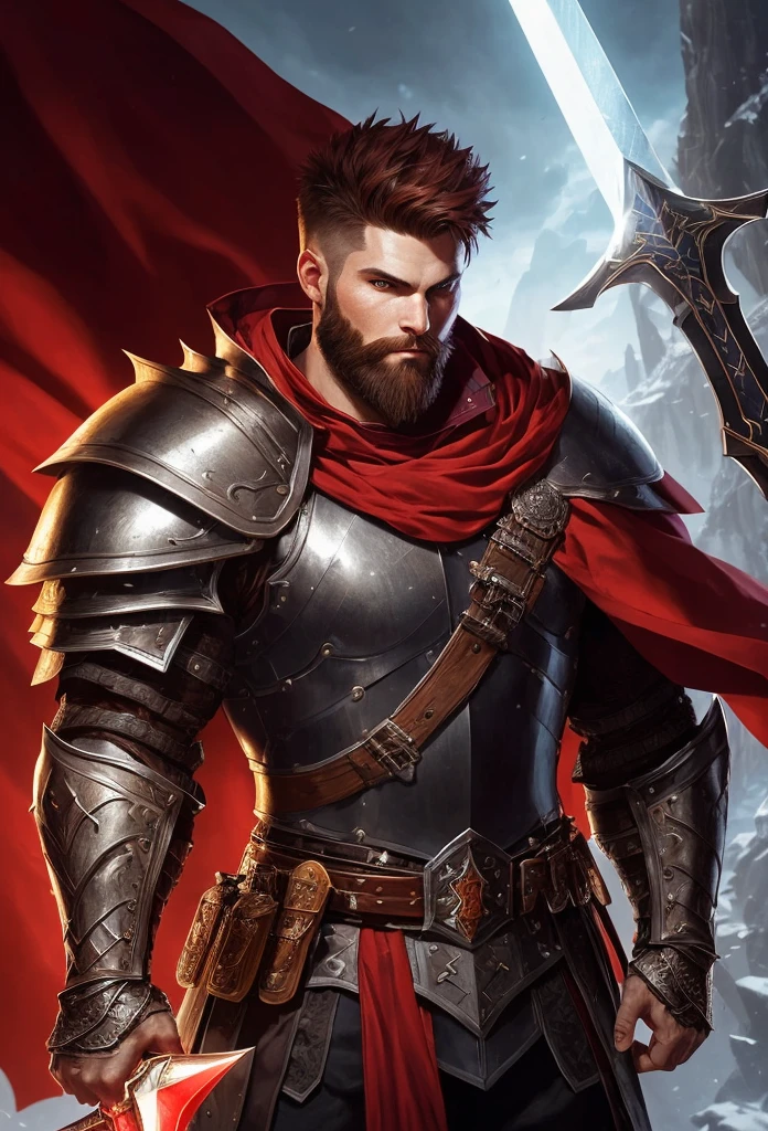 man with short beard, epic rpg portrait, fantasy male portrait, rpg portrait concept art, male warrior, fantasy concept art portrait, epic portrait illustration, detailed character portrait, one human warrior, big black armor with details red, full armor, blue eyes, short hair, brown hair, dungeons and dragons character, detailed hands, cape holding a sword