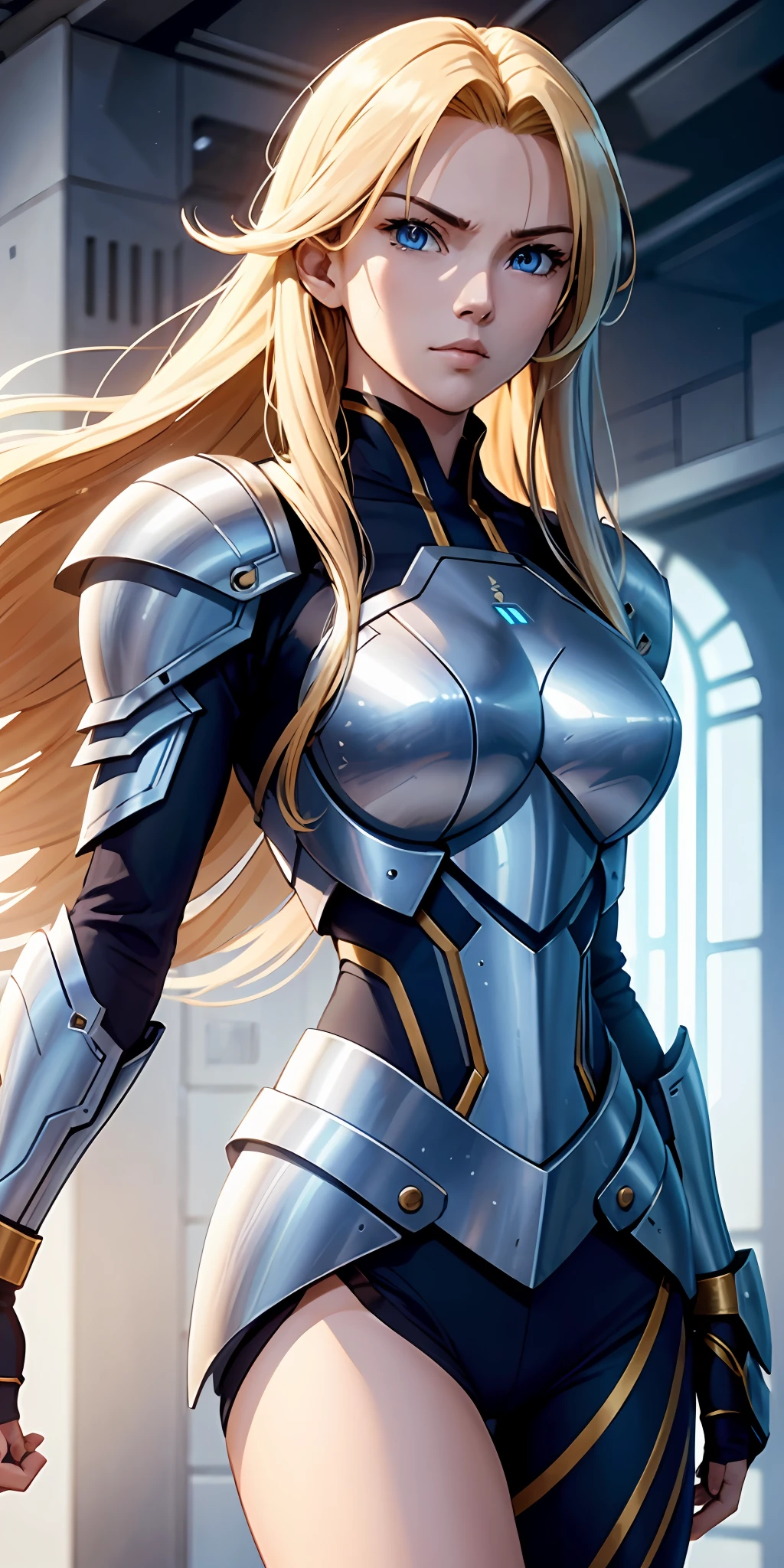 A determined and ambitious warrior with long blonde hair and blue eyes, wearing futuristic armor, who fights to become the strongest.