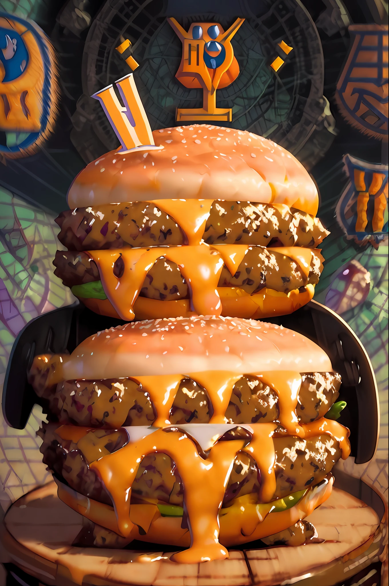 ((best quality)), ((masterpiece)), (detailed), (MOCKUP of juicy fluffy cheeseburger in fun pixar style pose:1.8), foodmade, smash, delicious, Irresistible, golden ratio symmetry, photography centered color studio, vibrant and appetizing colors, mouthwatering details, charming textures, cheerful and inviting atmosphere, whimsical background elements complementing the story, comic style, professional color grading, photo studio window lighting, focus sharp, two tone lighting, advertising, octane, unrealistic, high resolution pixar style food photography, masterpiece, ultra detailed, highly detailed, high definition, perfect composition, intricate, cute and beautiful, sharp features, commercial photography in pixar style, beautiful detailed intricate octane insanderization trending in pixar style artstation, award winning photography, sharp detail, high resolution, stock photo, all pixar style, (fantasy illustration: 1.3), (high res: 1.2)