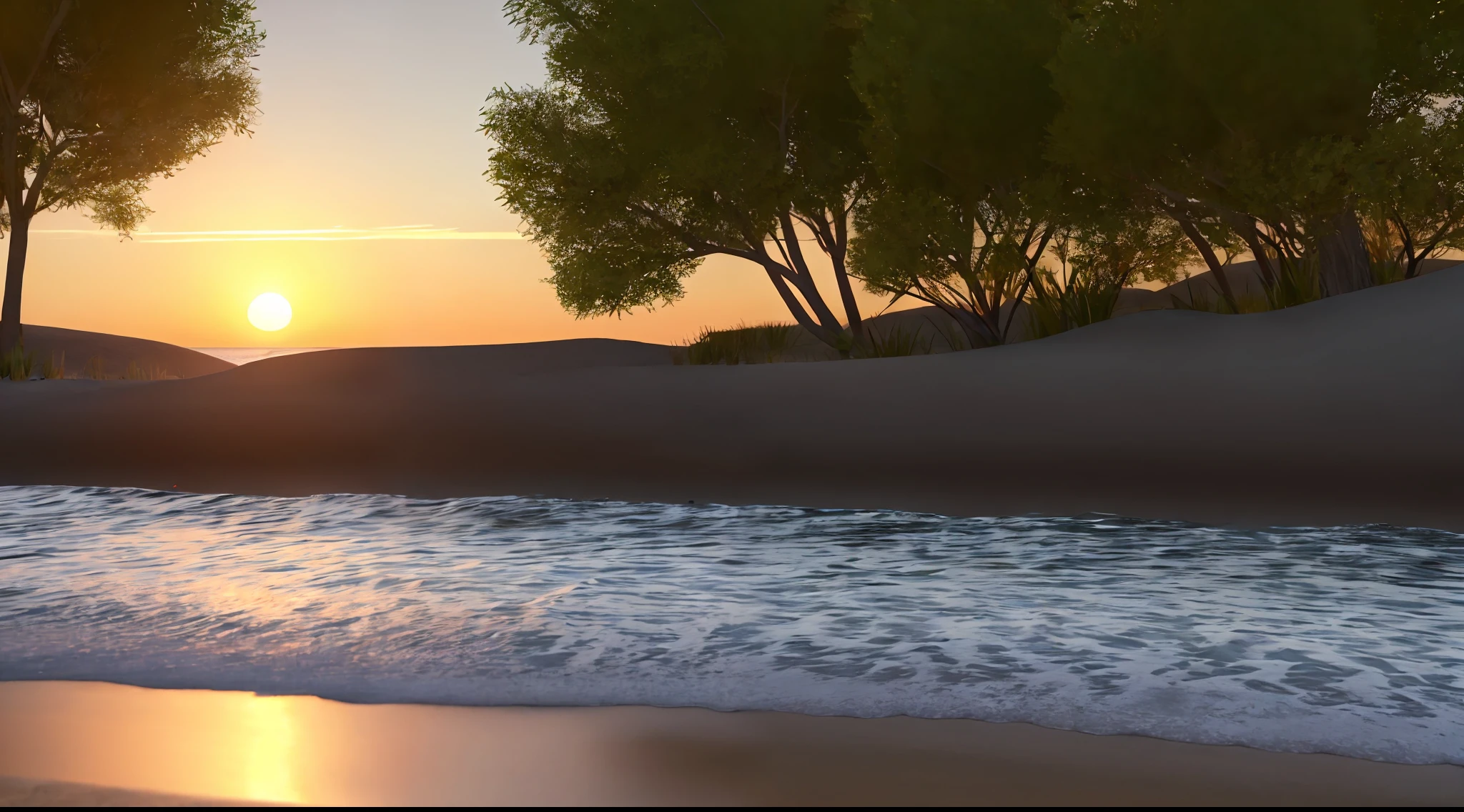Image of a serene landscape, such as a sunset or a beach, representing the tranquility found in communion with God, ultra realistic images, 8k, high quality details, 3d style.