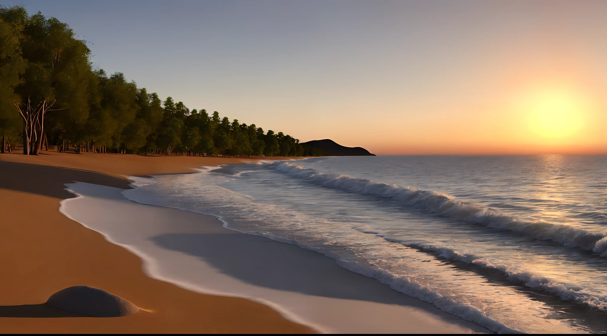 Image of a serene landscape, such as a sunset or a beach, representing the tranquility found in communion with God, ultra realistic images, 8k, high quality details, 3d style.