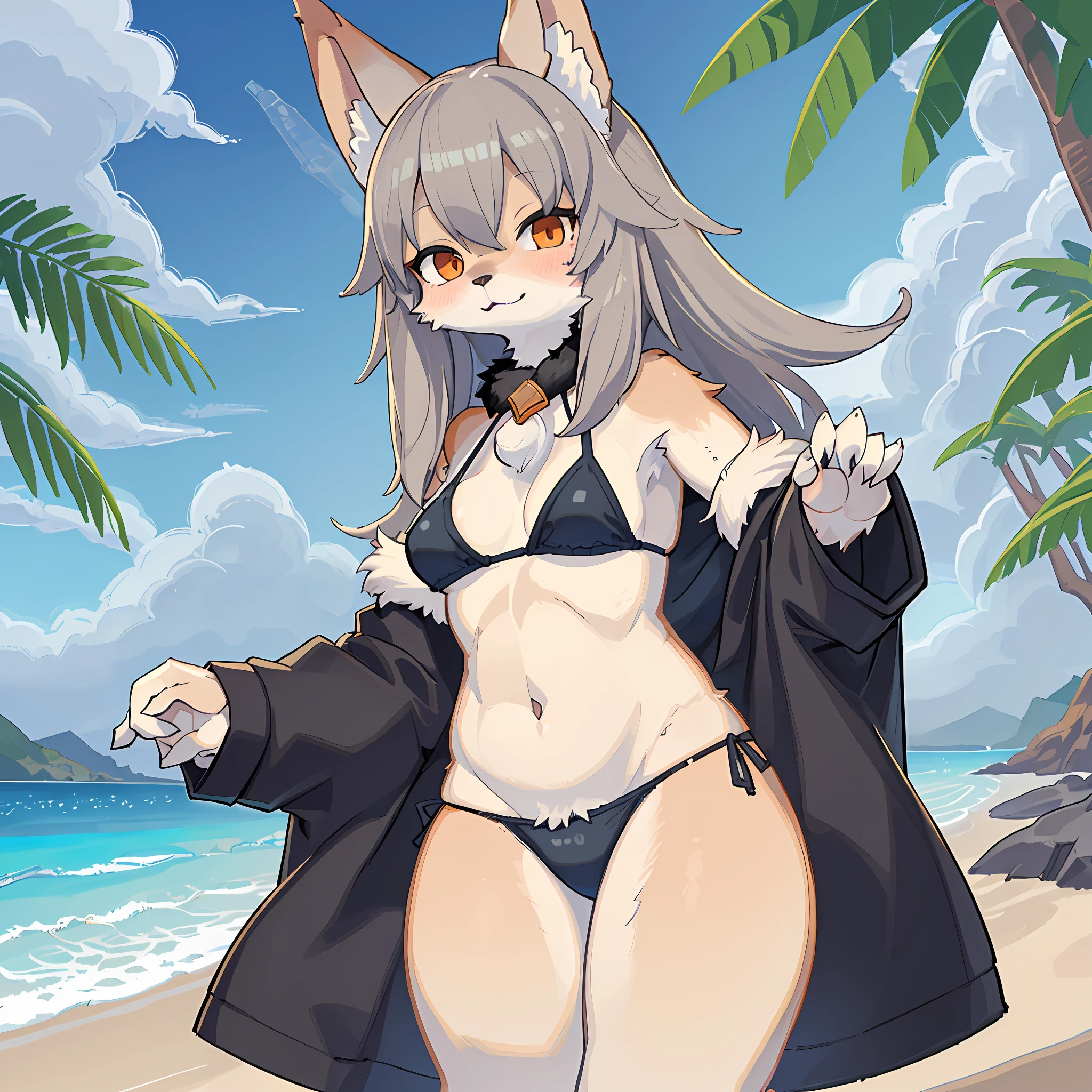 Masterpiece, best quality, Wolf_female, detailed_fluffy_fur, uploaded_to_e621, antro, furry_male, Masterpiece, Best_quality, solo, (Antro), digital art style, sfw, bikini, beach background