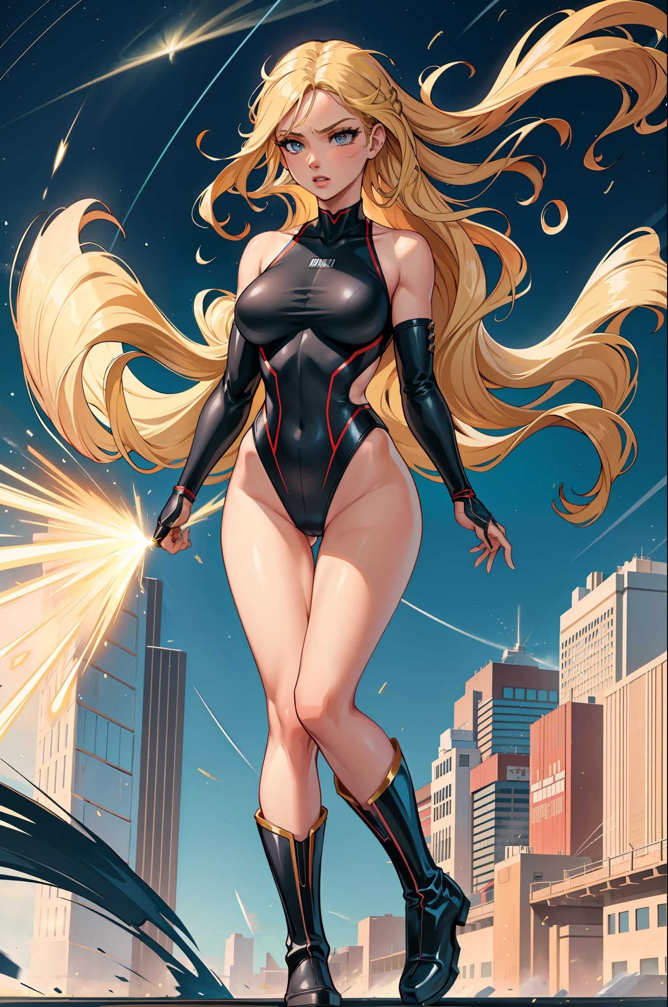 masterpiece, best quality, 1girl, superhero, leotard, black leotard, bare legs, boots, matching boots, medium breasts, light particles, wind particles, aura, stand, standing, highleg, twirl, spin, tornado, tornado twirl, tornado spin, whirlwind, wind particles, blonde hair, city backdrop, time travel,