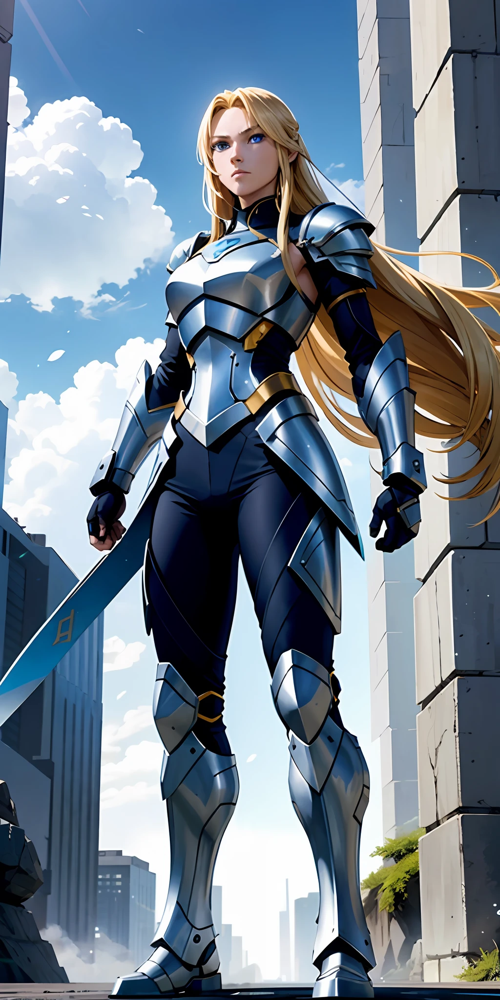 A determined and ambitious warrior with long blonde hair and blue eyes, wearing futuristic armor, who fights to become the strongest.