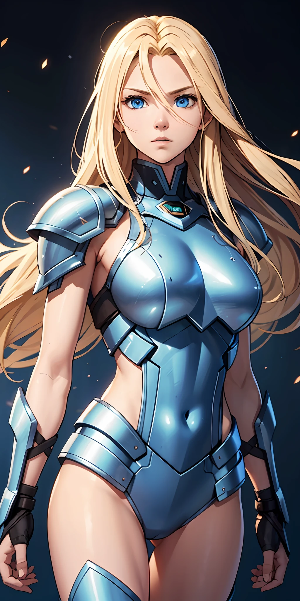 A determined and ambitious warrior with long blonde hair and blue eyes, wearing futuristic armor, who fights to become the strongest.