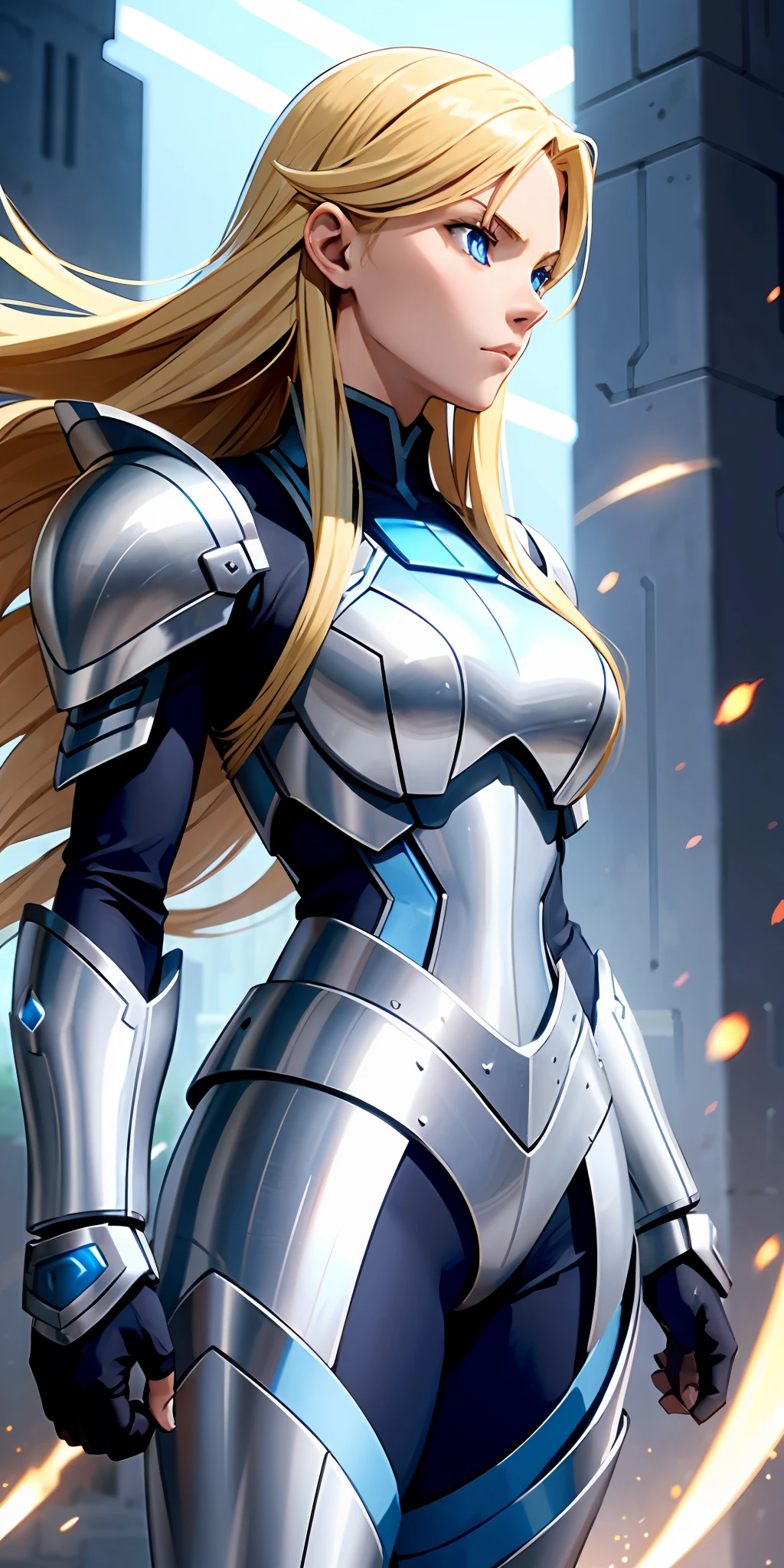 A determined and ambitious warrior with long blonde hair and blue eyes, wearing futuristic armor, who fights to become the strongest.