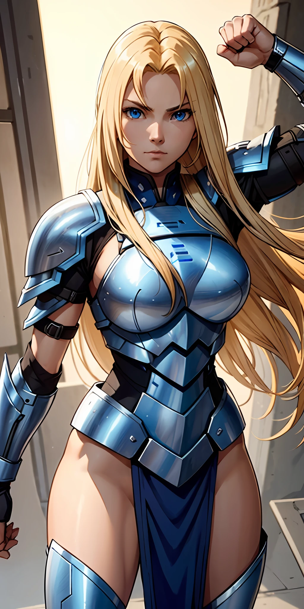 A determined and ambitious warrior with long blonde hair and blue eyes, wearing futuristic armor, who fights to become the strongest.