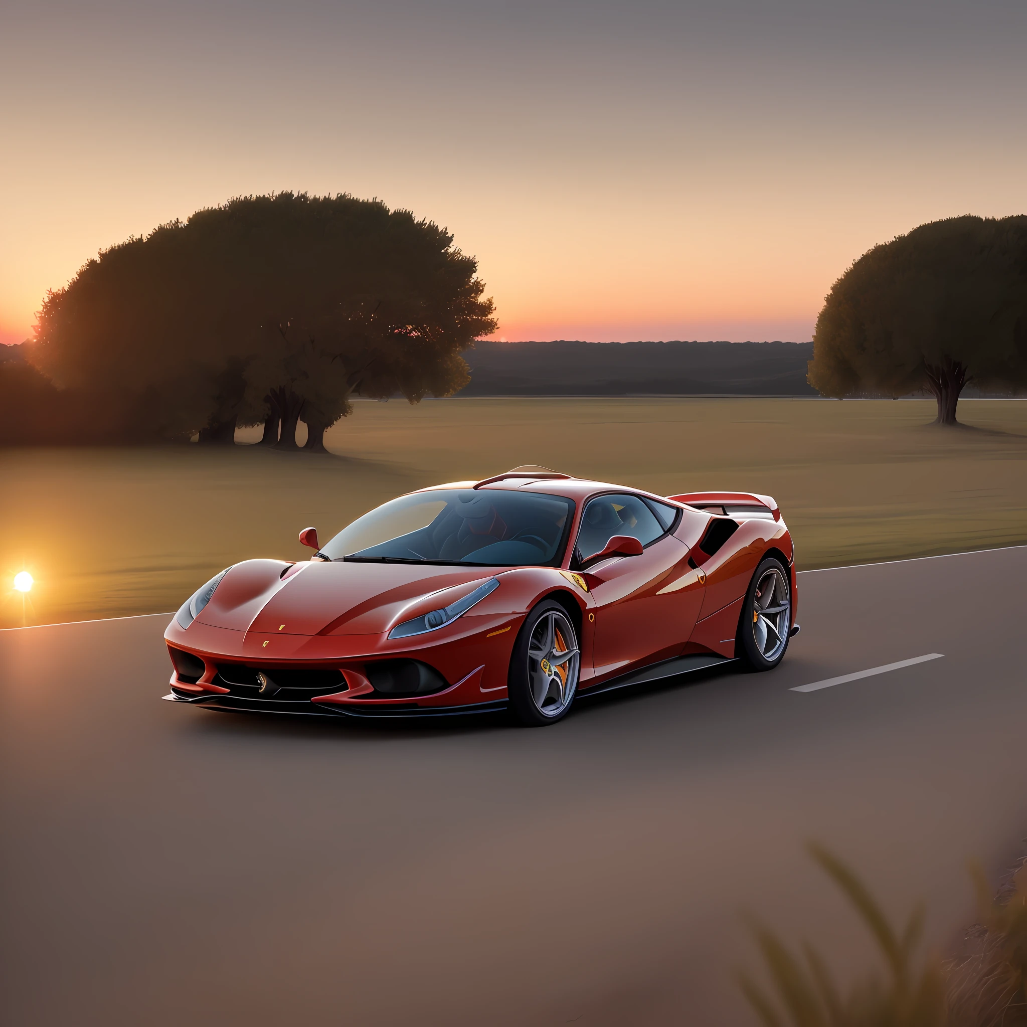 (Detailed Description) (Best Quality) A ferrari heading towards the horizon at sunset