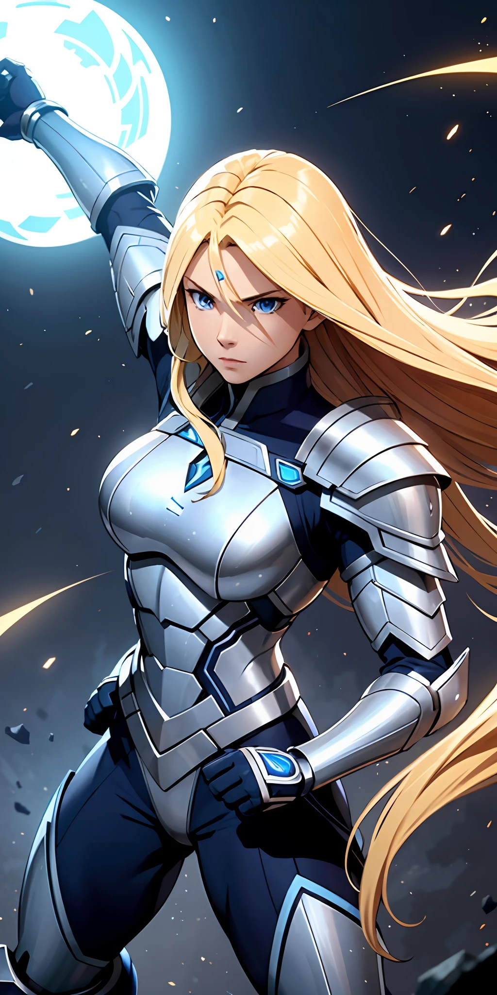 A determined and ambitious warrior with long blonde hair and blue eyes, wearing futuristic armor, super strong, muscular, who fights to become the strongest.