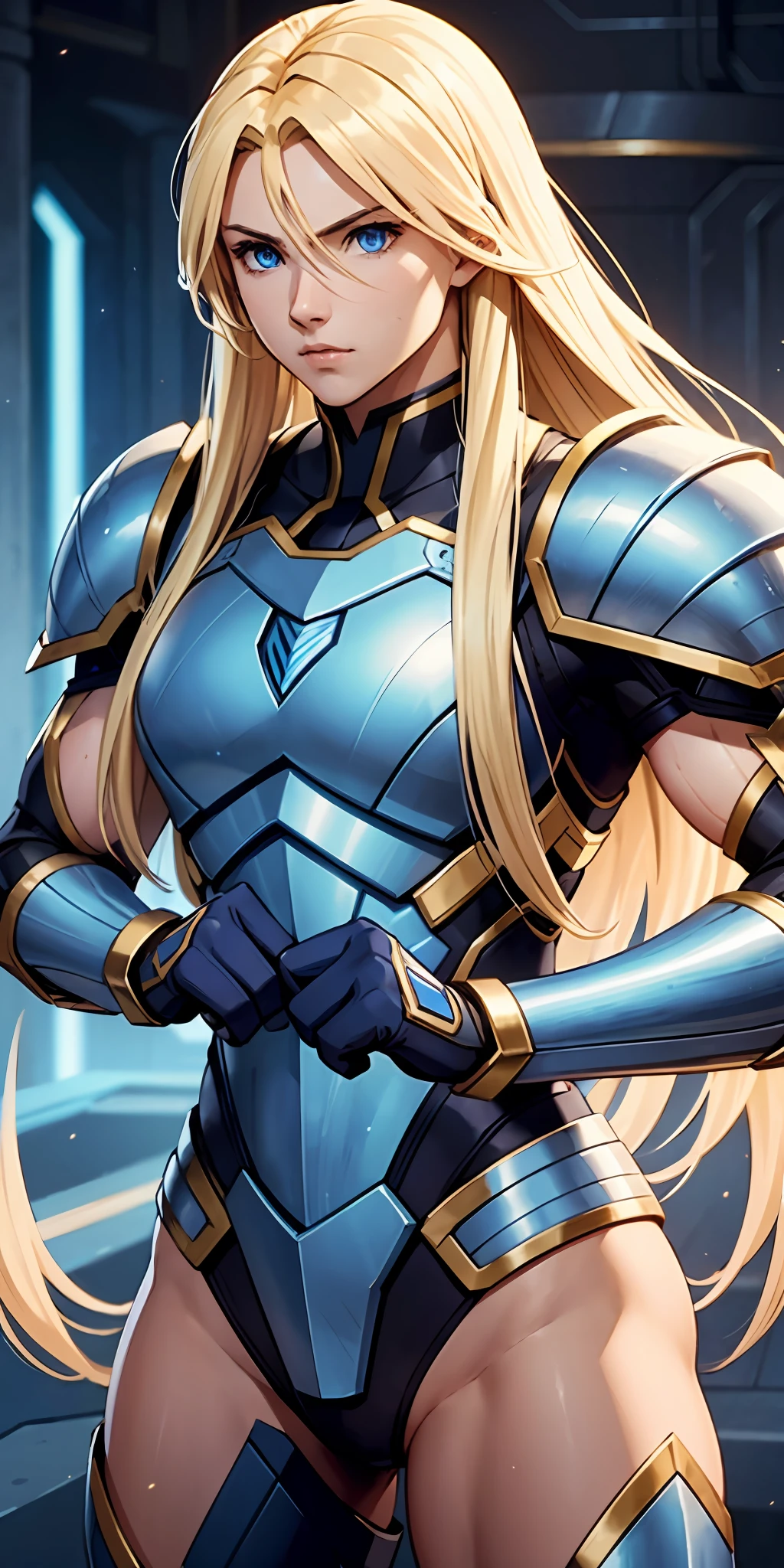 A determined and ambitious warrior with long blonde hair and blue eyes, wearing futuristic armor, super strong, muscular, who fights to become the strongest.