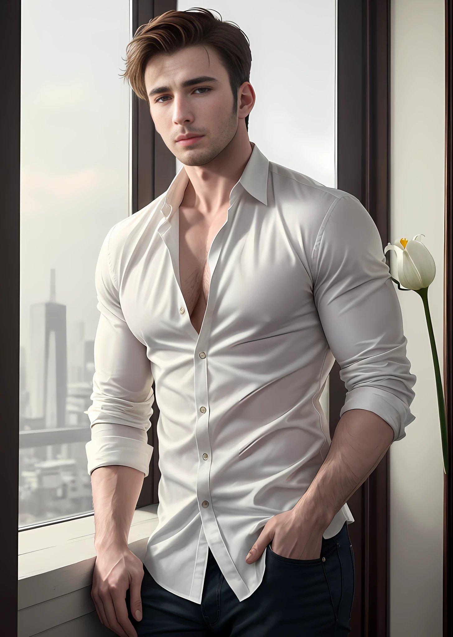 Chris Evans 20s handsome, short hair, messy hair, flirty, provocative, white shirt, holding a lily, atmosphere, 8K, real photo, (authenticity: 1.3) photorealistic