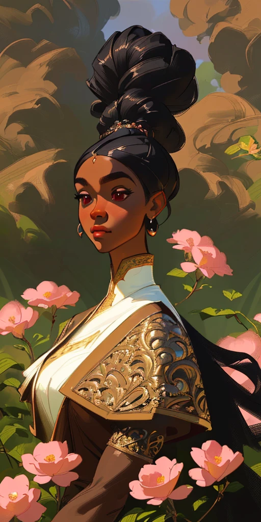 photo of a gorgeous black woman in the style of stefan kostic, renaissance style, flower background, fantasy landscape, sharp focus, 8 k high definition, insanely detailed, intricate, elegant, art by stanley lau and artgerm