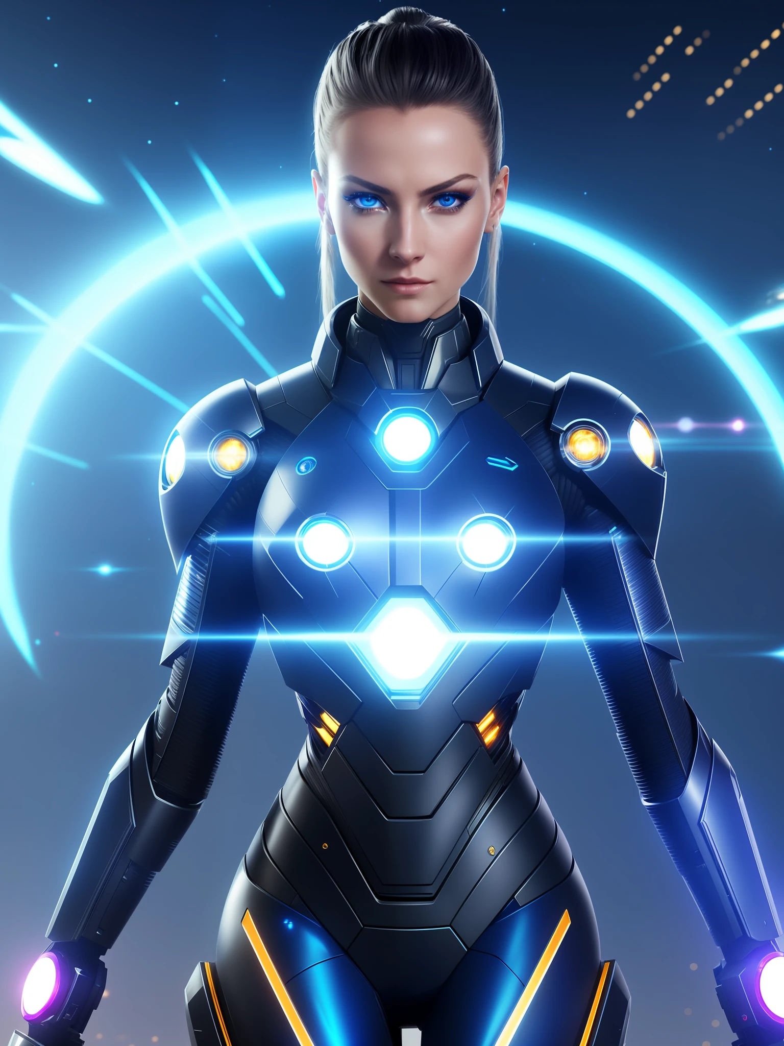 beautiful cyborg high definition armor gold flashlights city eyes hair metahuman face customized high quality powerfull white galaxy planet realostic sexy real future world  body beauty chassis digital lighting light starship style stars blue  moon model poses woman evil expression strong muscle head cybernetic circuits bio chip electricity glasses