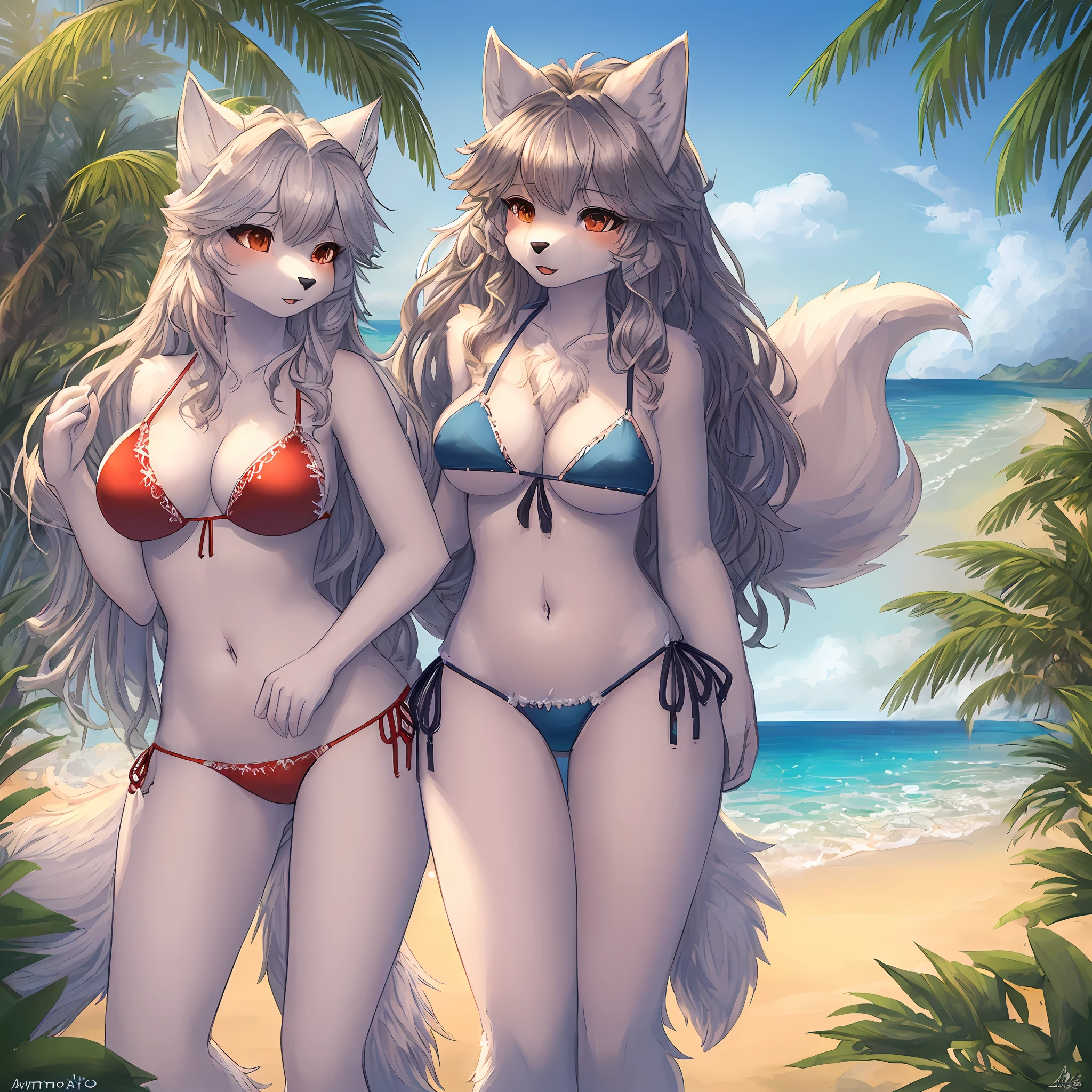 ((Masterpiece)), best quality, detailed and fluffy ((Wolf_female)) with ((antro)) traits, standing in a beach background with a pleasant sunshine,((bikini)) outfit is stunning, her ((digital art style)) endows her with unique charm, thus completing the harmonious whole.