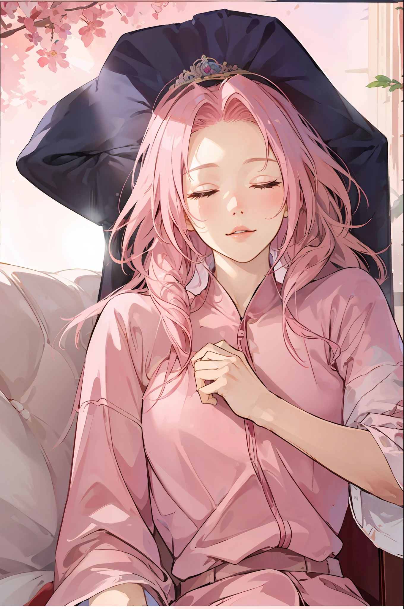 pink haired woman closed eyes sleeping royalty high quality highly detailed