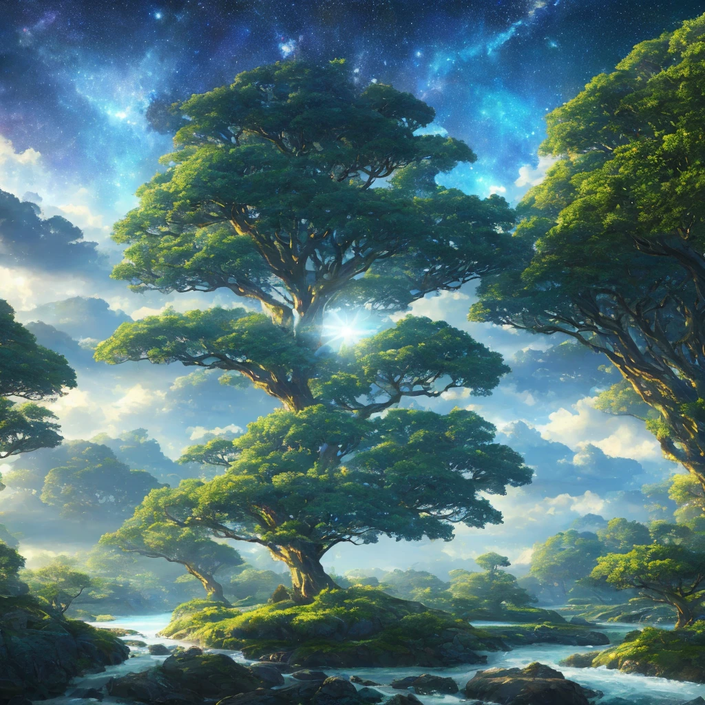 Illustration of a hyperrealistic , otherworldly, ultrasky scene featuring a giant crystal tree full body,very detailed and magical lighting, intricate forest details, vegetation and river around, solarpunk ,landscape, giant tree, beatifull leafy with beautiful lighting and realistic proportions, as if it were a cinematic background, 8k, highest quality, masterpiece, clouds and stars in the sky.