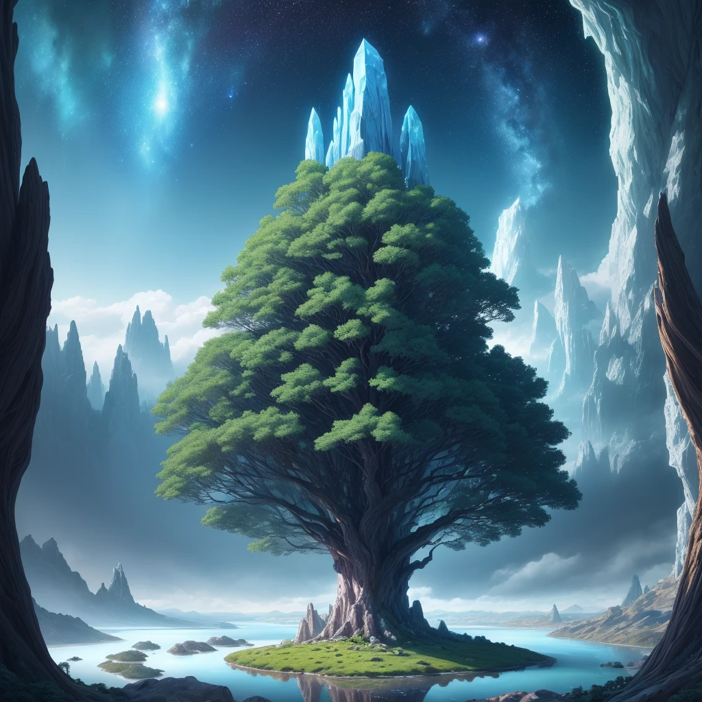 Illustration of a hyperrealistic , otherworldly, ultrasky scene featuring a giant crystal tree full body,very detailed and magical lighting, intricate forest details, vegetation and river around, solarpunk ,landscape, giant tree, beatifull leafy with beautiful lighting and realistic proportions, as if it were a cinematic background, 8k, highest quality, masterpiece, clouds and stars in the sky.