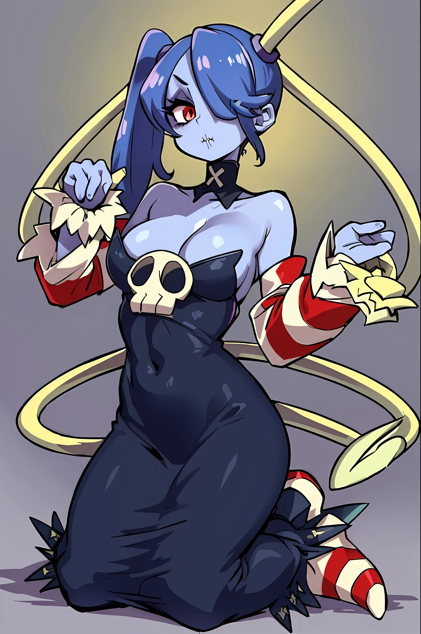 wavy, 1 li, solo, small breasts, looking at viewer, bare shoulders, open sleeves, hair over one eye, red eyes, side ponytail, a ponytail, loose collar, skull, ((blue skin)), stitches, zombie, striped sleeves, stitched mouth, extremely detailed, highly detailed, perfect face, beauty, perfect eyes ((skeletal arm, vivid tails, big butt, big lips)), baggy eyes, makeup, big eyelashes, cute, adorable , serious, ((leviathan: 1.3)), full body, in lingerie, ecchi anime style, full body art, ecchi style, anime character, kneeling