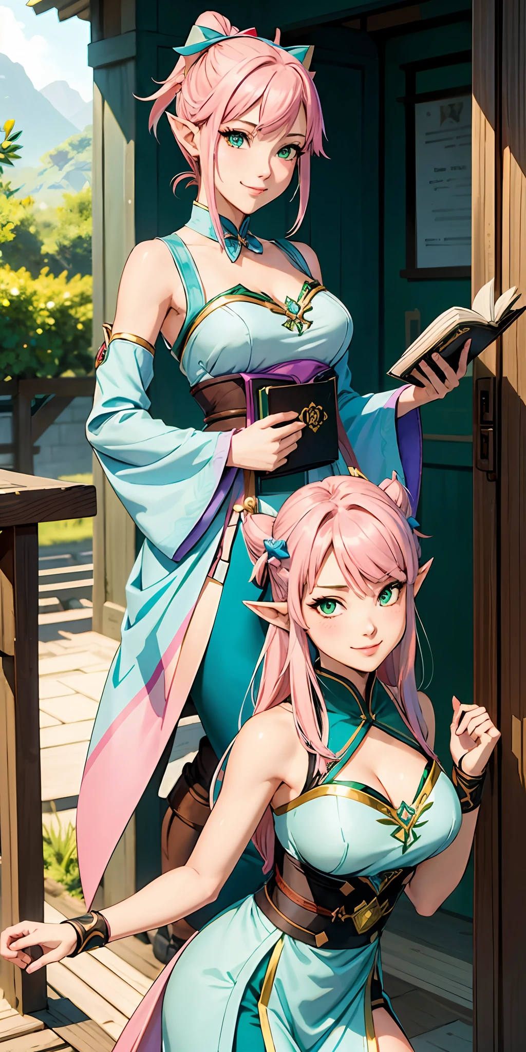 a genshin impact character, sexy pose, wild background zelda breath. light colors, light pink hair, green eyes, smiling, bows on each side of head, holding a book, blue queen clothes