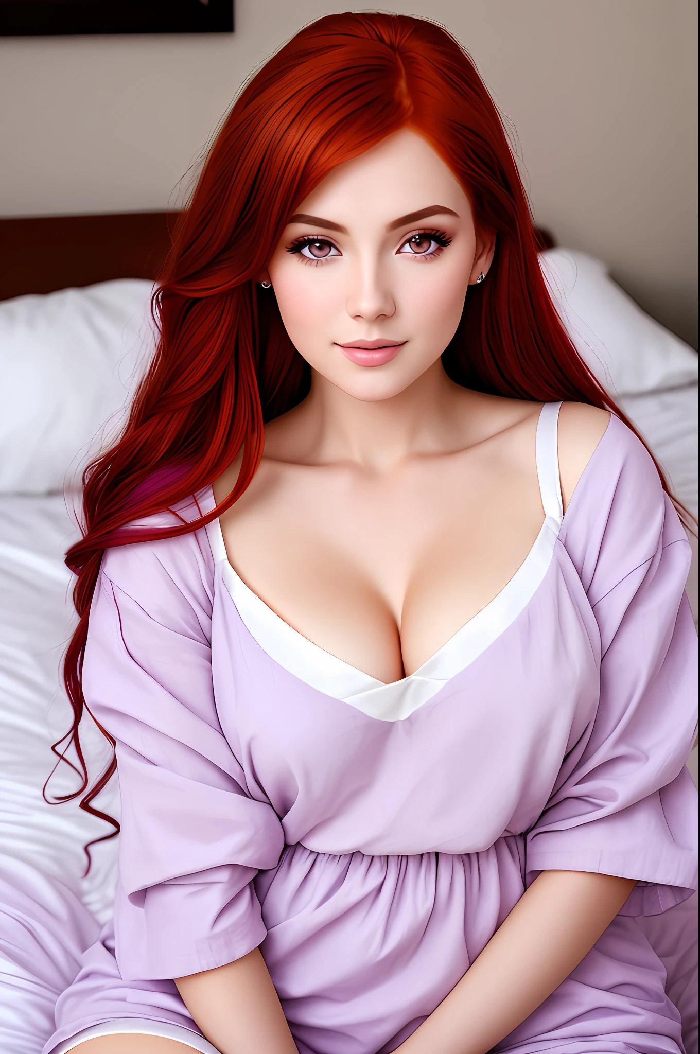 woman with red hair, light brown eyes, detailed skin, white skin color, with lilac clothes, very sensual in bed