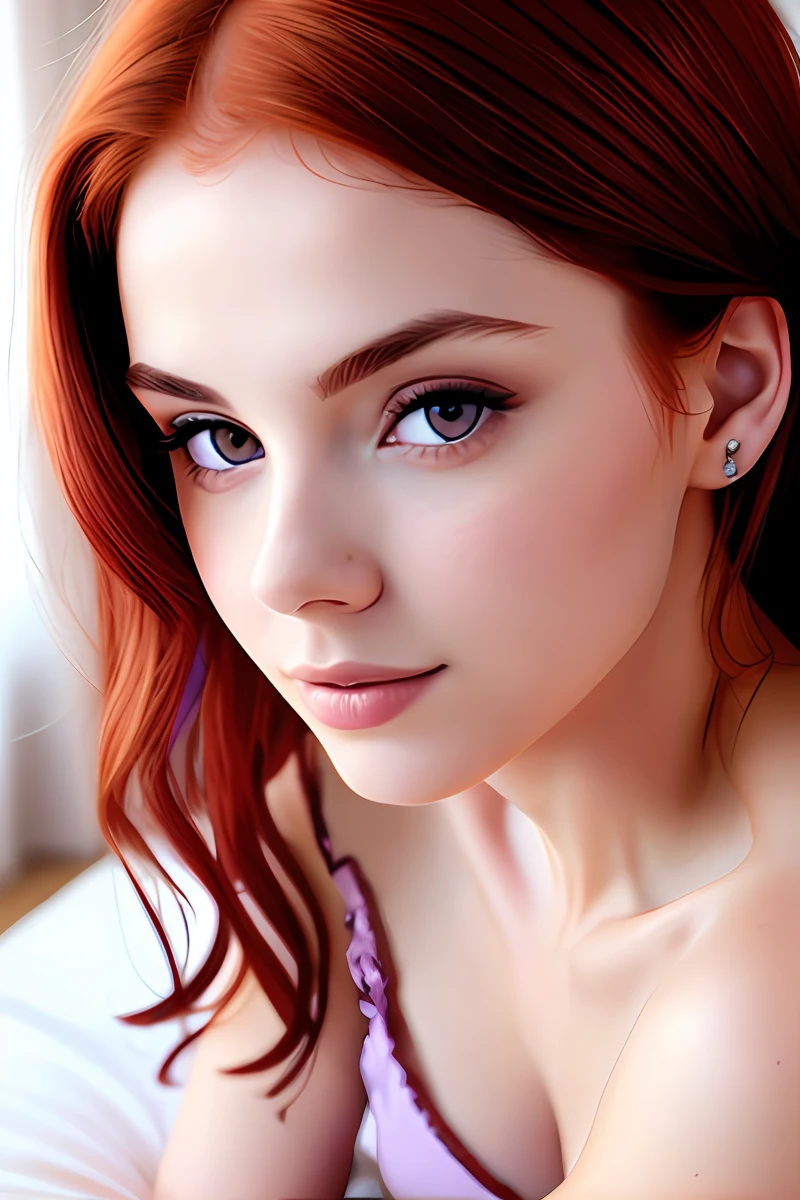 woman with red hair, light brown eyes, detailed skin, white skin color, with lilac clothes, very sensual in bed