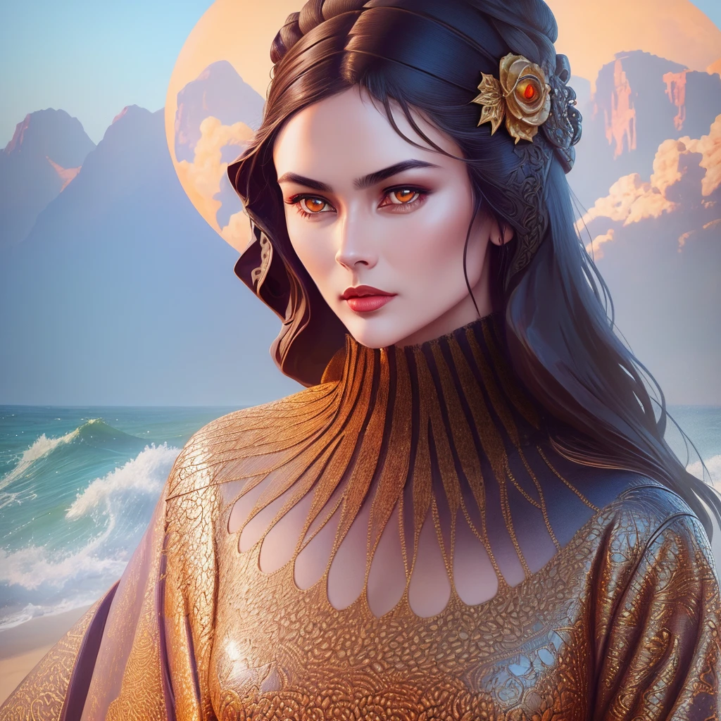 Portrait of exotic beautiful Caucasian woman wearing fashionable clothes on a beach, perfect detailed face, detailed symmetrical brown eyes with circular iris, highly detailed perfect full body, stunning realistic photography, lifelike, 3d rendering, octane rendering, intricately detailed, cinematic , trending on artstation, isometric, centered hyperrealistic cover photo, awesome colors, hand drawn, dark, gritty, mucha, klimt, erte 12k, high definition, cinematic, neoprene, behance contest winner, featured portrait on unsplash, art digital stylized, smooth, ultra high definition, 8k, unreal engine 5, ultra sharp focus, intricate artwork, menacing, epic, TanvirTamim, trending on artstation, by artgerm, hr giger and beksinski, highly detailed, vibrant