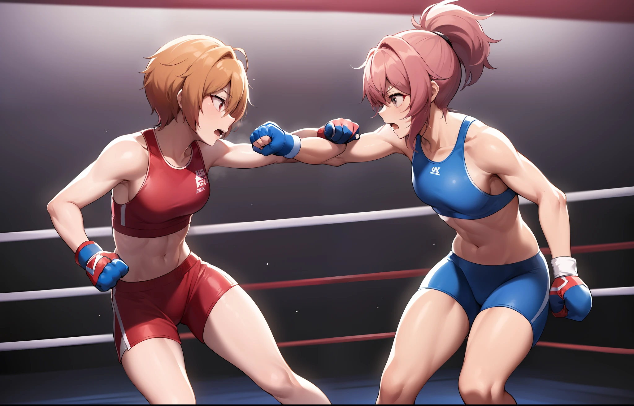 Sayori, is in a fighting position inside a boxing ring. She wears a tight-fitting boxer outfit that is dark blue. The suit has a classic boxing design with shorts and a sleeveless jacket. His boxing gloves are bright red and ready for combat. Sayori has an aggressive stance, feet apart and knees slightly bent, ready to strike. Her pink hair is tied up in a high ponytail to keep it from bothering her during the fight. The environment that surrounds it is typical of a boxing ring, with the ropes delimiting the space and the spectators in the stands. Despite the fighting situation, Sayori maintains a focused and determined expression, ready to face her opponent.