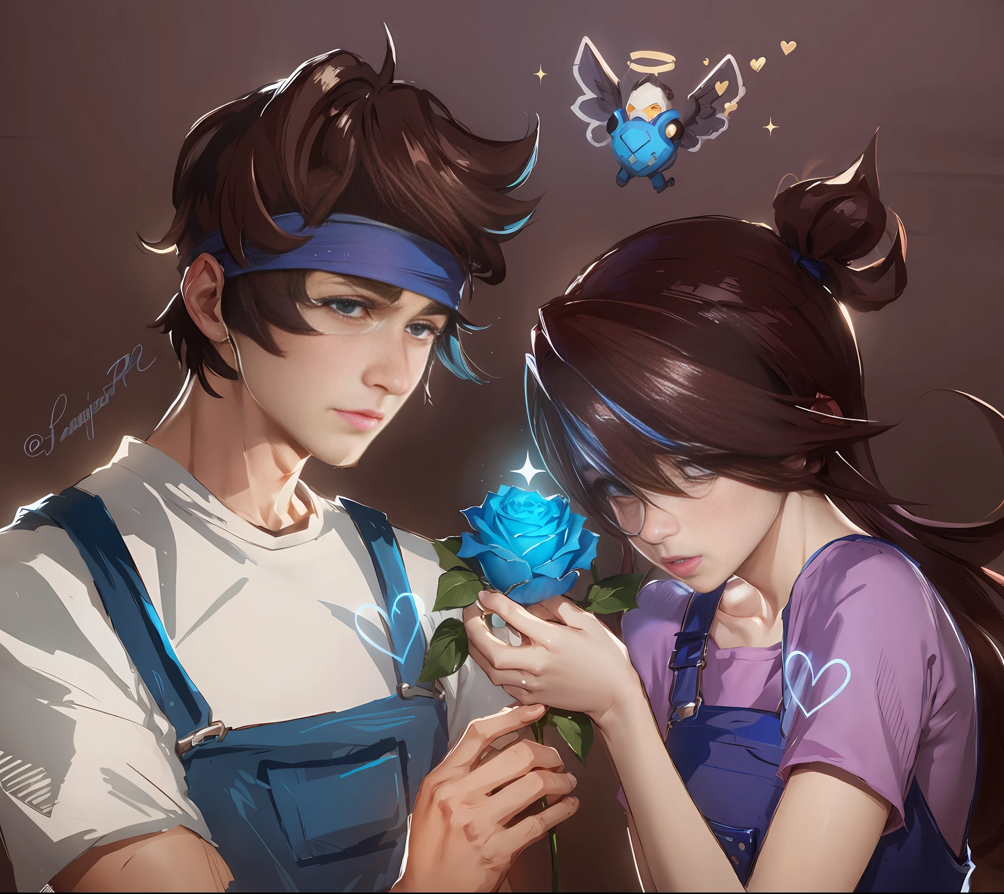 anime couple with bright blue rose and background angel in a blue overalls, overwatch fanart, high quality fanart, jazza and rossdraws, official fanart, from overwatch, rossdraws and jazza, l critical role, sakimichan and frank franzzeta, detailed fanart, hero 2 d fanart artsation, artgerm and atey ghailan, man in blue overalls and white shirt, woman in blue overalls and pink blouse, crying woman, man bandana, Man in blue bandana,