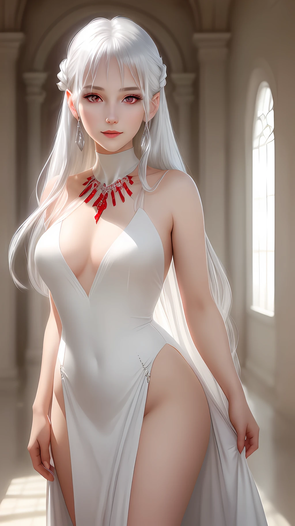 A young woman with silver hair, pretty face, pretty nose, slight smile, ((red eyes)), wearing a long white dress, wearing silver jewelry, full body, golden ratio, cinematic light, soft light.