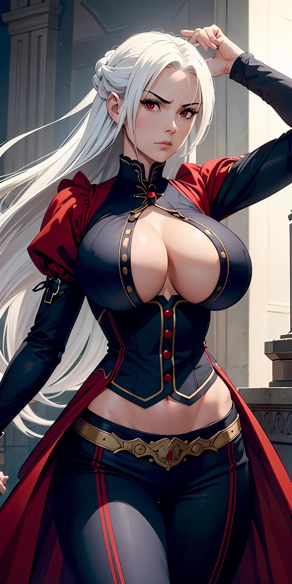 A determined and ambitious warrior, pretty face, serious face, white hair, red eyes, perfect body, fit body, abdomen, big breasts, wearing Victorian era clothes, muscular, who fights to become the strongest