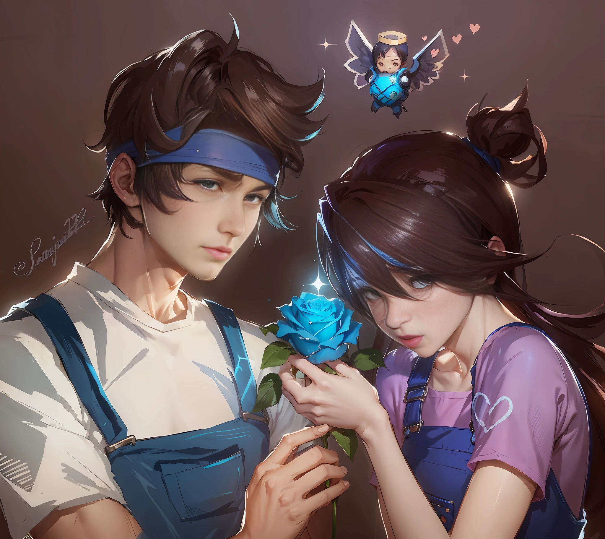 anime couple with bright blue rose and background angel in a blue overalls, overwatch fanart, high quality fanart, jazza and rossdraws, official fanart, from overwatch, rossdraws and jazza, l critical role, sakimichan and frank franzzeta, detailed fanart, hero 2 d fanart artsation, artgerm and atey ghailan, man in blue overalls and white shirt, woman in blue overalls and pink blouse, crying woman, man bandana, Man in blue bandana,