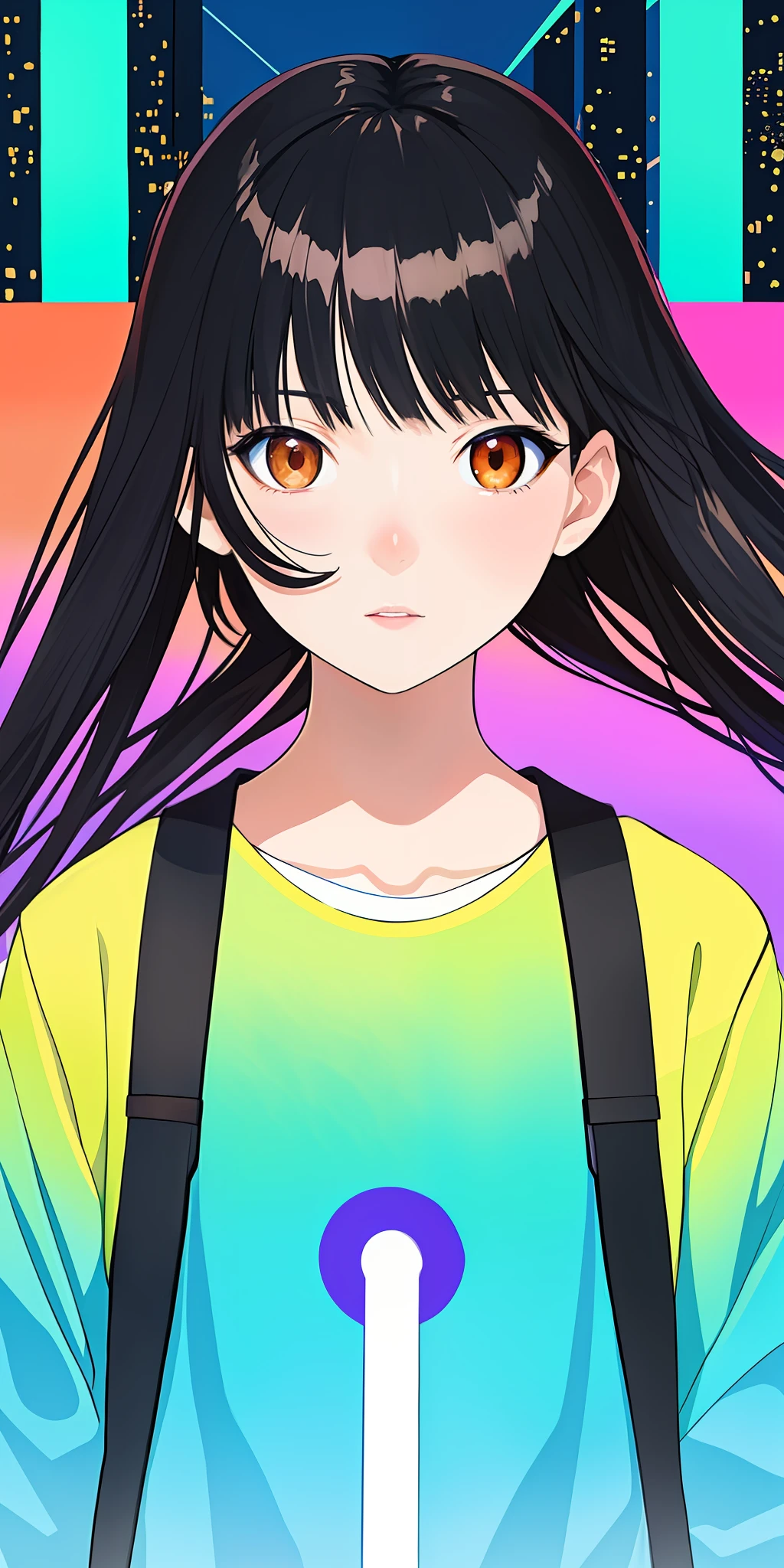 Dive into the world of contemporary Japanese illustration with an image of a girl with sleek black hair and light brown eyes, reminiscent of the style of Wlop. Adopt a digital art approach with crisp lines, vibrant colors, and a fusion of realism and fantasy. Employ a mix of Lo-fi and Futurism aesthetics, featuring a neon-lit cityscape as the backdrop, conveying a sense of wonder and adventure.